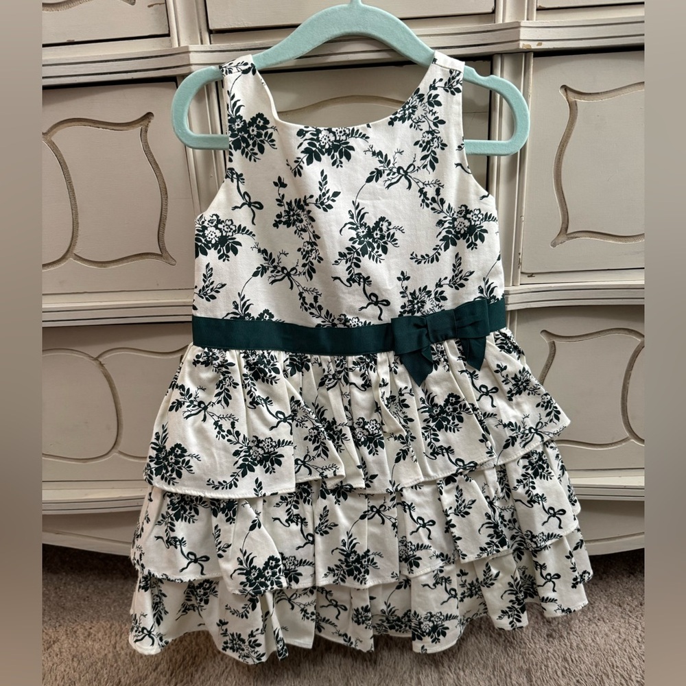 Janie and Jack Green and White Toile Tiered Dress